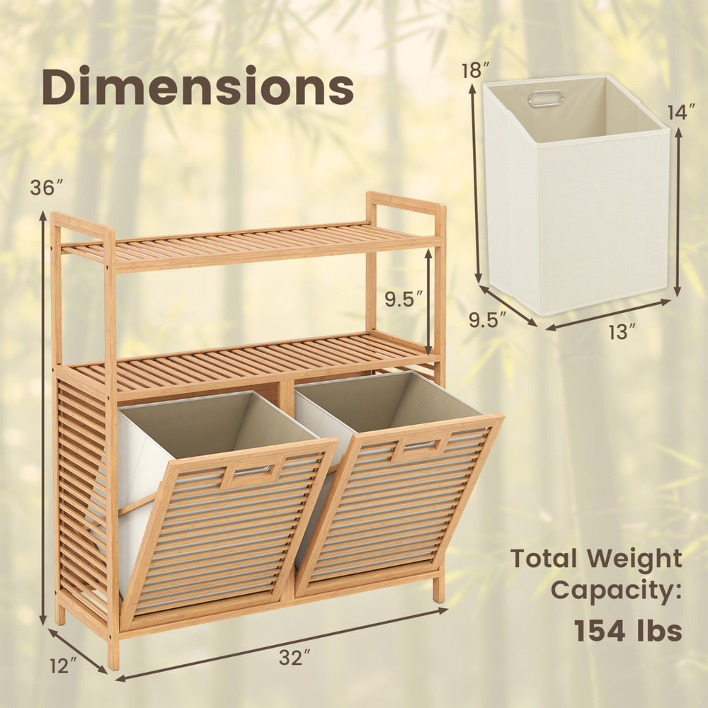 Double tilt-out laundry hamper with natural bamboo frame, two removable baskets, and two open shelves for easy sorting.