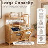 Double tilt-out laundry hamper with natural bamboo frame, featuring two 7-gallon baskets and two open shelves for storage.