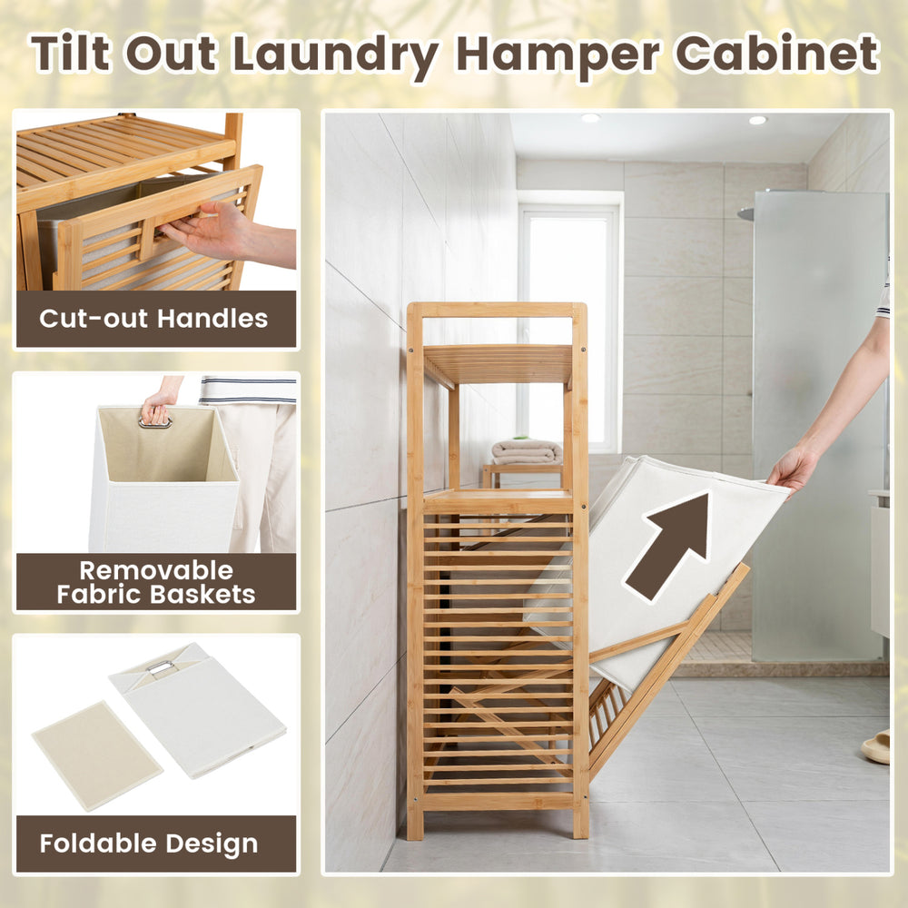 Double tilt-out laundry hamper with natural bamboo frame and two removable fabric baskets for easy sorting and storage.