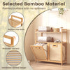 Double tilt-out laundry hamper in natural bamboo with two removable baskets and two shelves for easy organization.