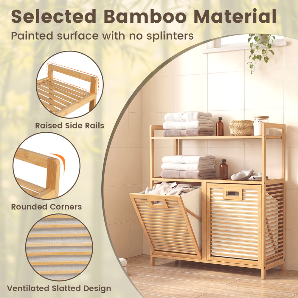 Double tilt-out laundry hamper in natural bamboo with two removable baskets and two shelves for easy organization.