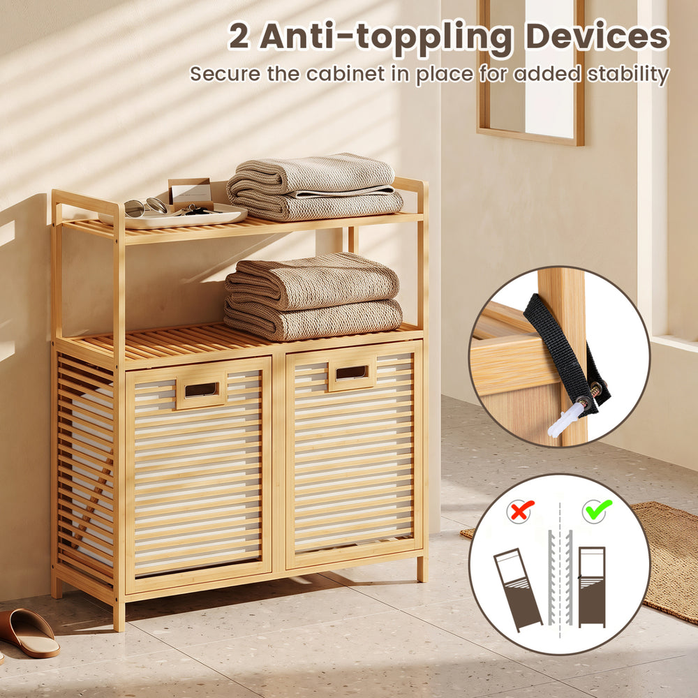 Double tilt-out laundry hamper with natural bamboo frame, featuring two baskets and two shelves for organized storage.