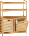 Double tilt-out laundry hamper with 3 open shelves and a smooth natural bamboo finish, ideal for organized laundry areas.