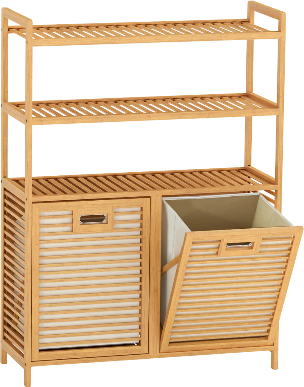 Double tilt-out laundry hamper with 3 open shelves and a smooth natural bamboo finish, ideal for organized laundry areas.