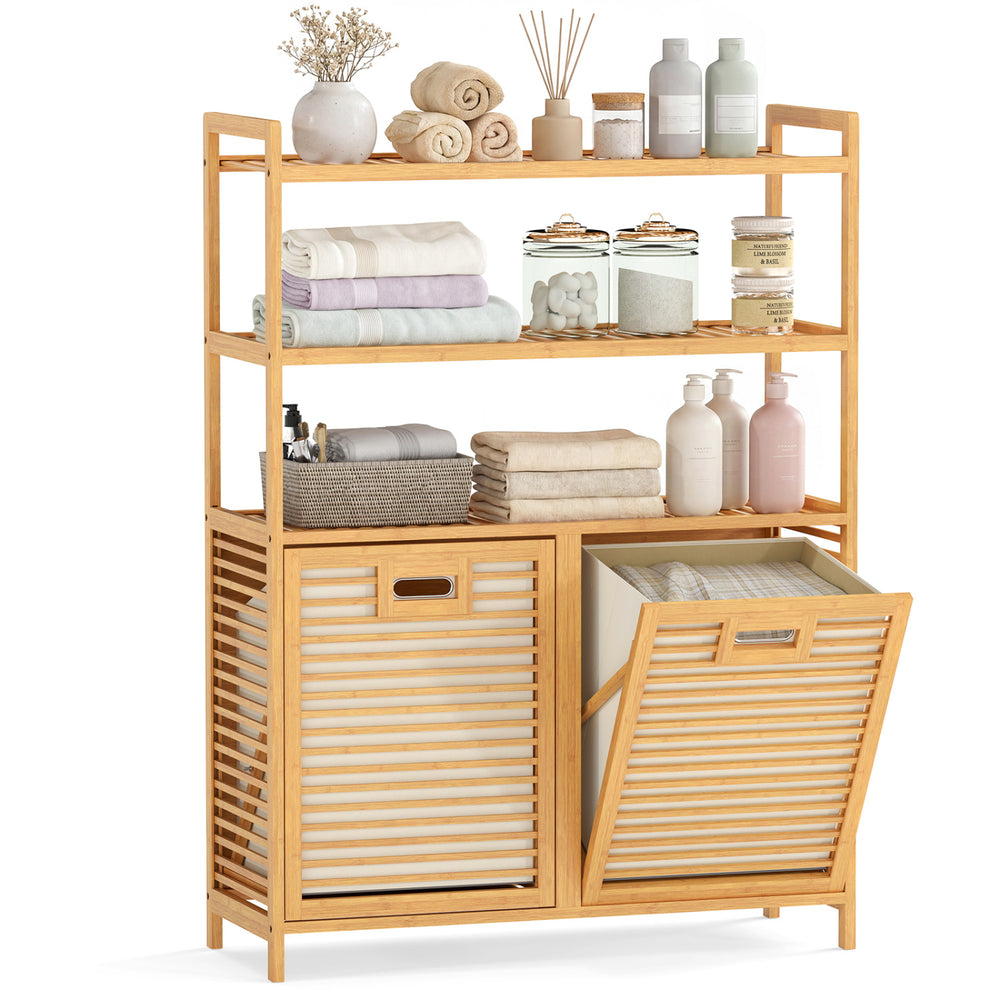 Double tilt-out laundry hamper with foldable fabric bins and a slatted design, perfect for organized laundry storage.