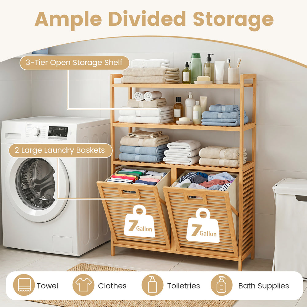Double tilt-out laundry hamper with two removable baskets and three open shelves for towels and detergents.