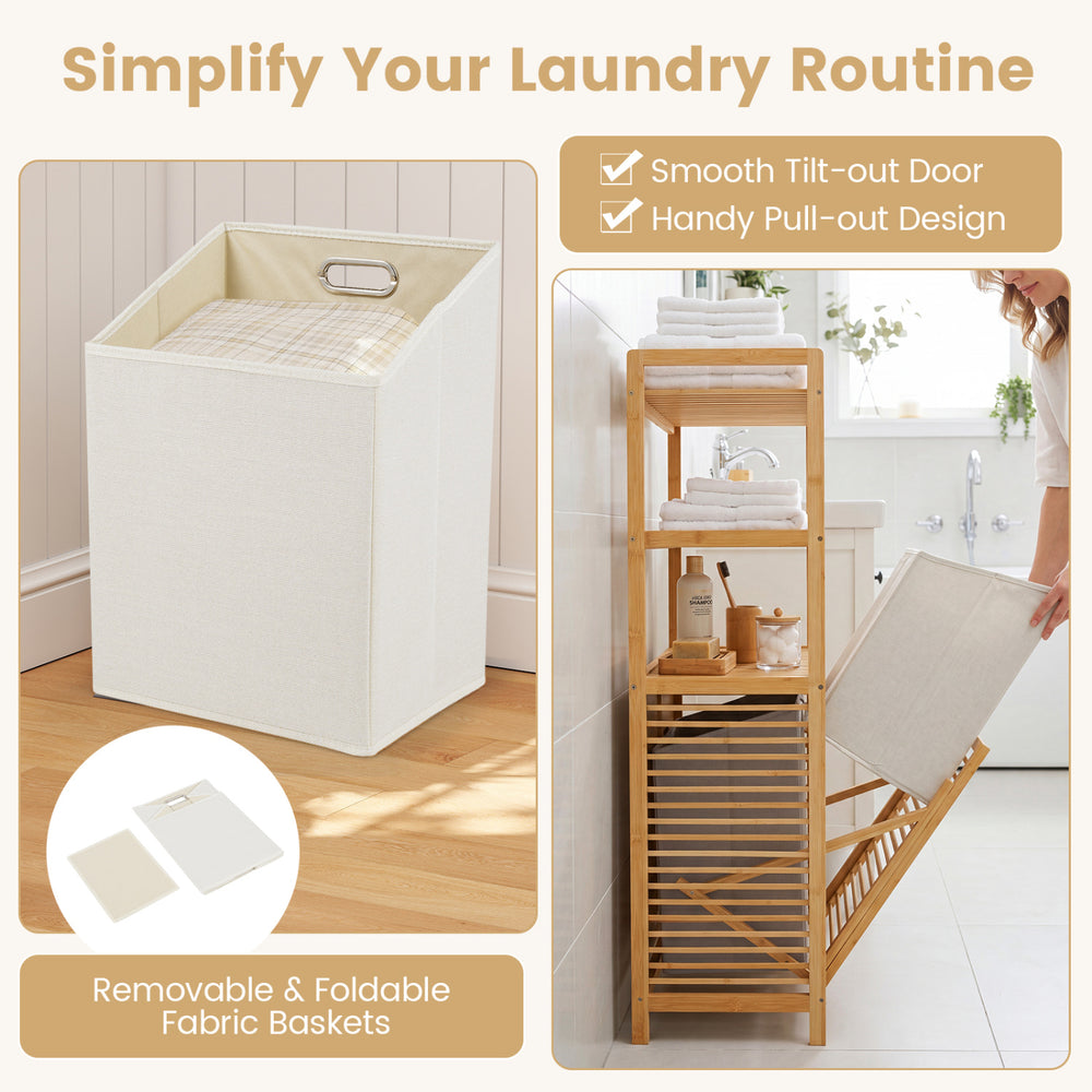 Double tilt-out laundry hamper with natural bamboo frame, featuring 2 removable baskets and 3 open shelves for storage.