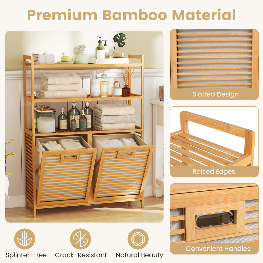 Natural bamboo double tilt-out laundry hamper with slatted design and convenient handles for easy access and storage.
