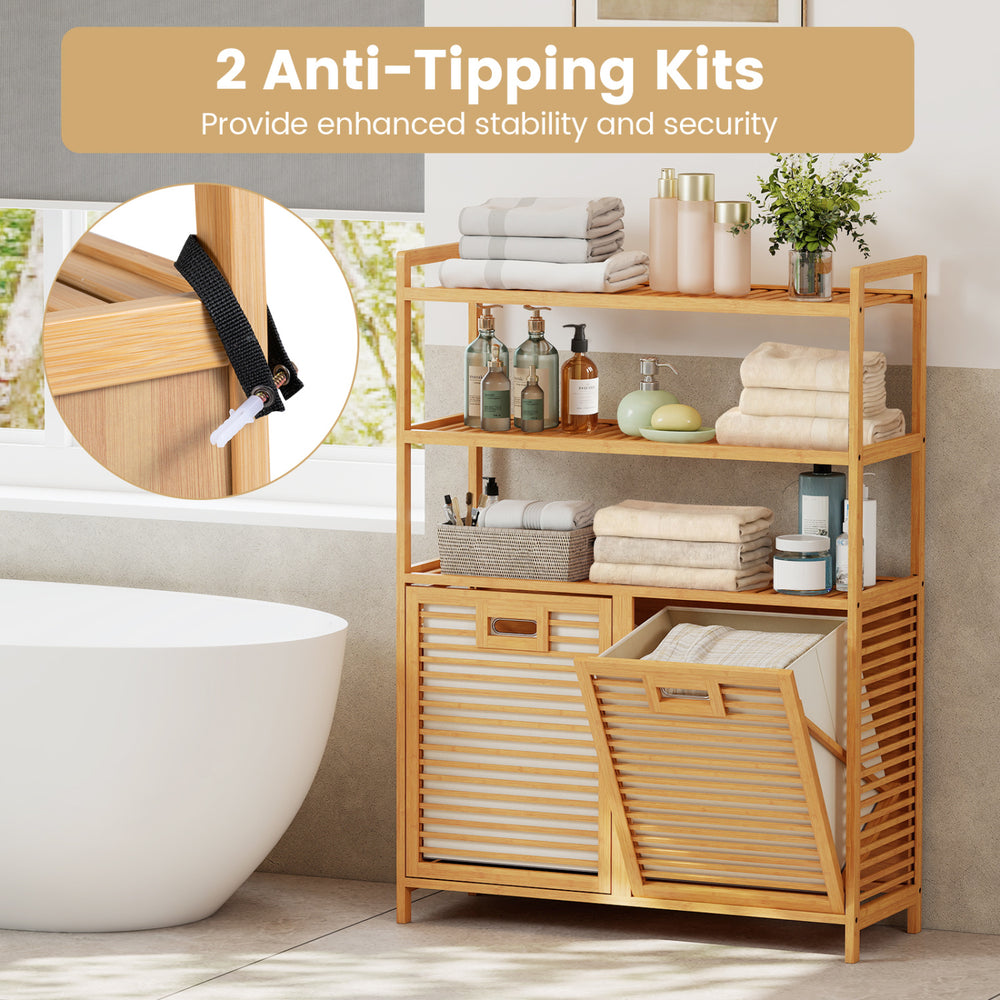 Double tilt-out laundry hamper with anti-tipping devices and slatted design, providing stability and airflow for laundry.