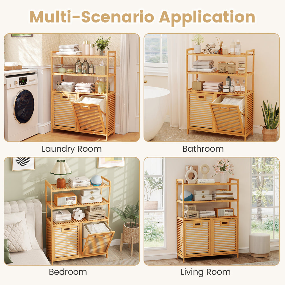 Double tilt-out laundry hamper with natural bamboo frame, featuring 3 shelves and 2 removable baskets for versatile storage.