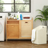 Double tilt-out laundry hamper with natural bamboo finish, featuring two removable bins and top storage shelf for.
