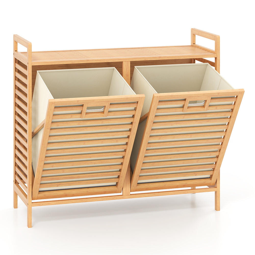 Double tilt-out laundry hamper with two removable bins, made from natural bamboo, ideal for laundry rooms and bathrooms.