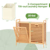 Double tilt-out laundry hamper with two 10-gal bamboo bins, featuring a slatted design for airflow and top storage.