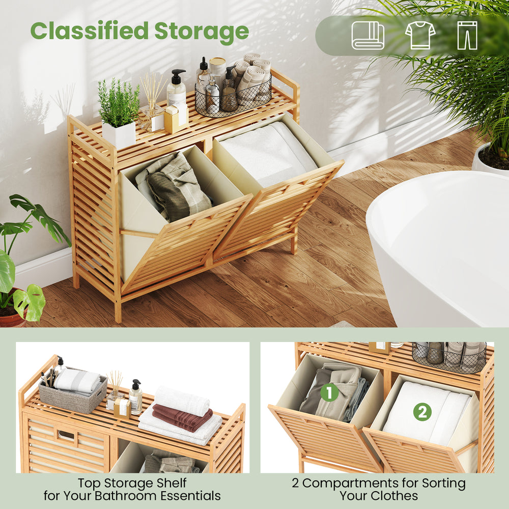 Double tilt-out laundry hamper with natural bamboo, featuring two removable bins and top storage shelf for essentials.