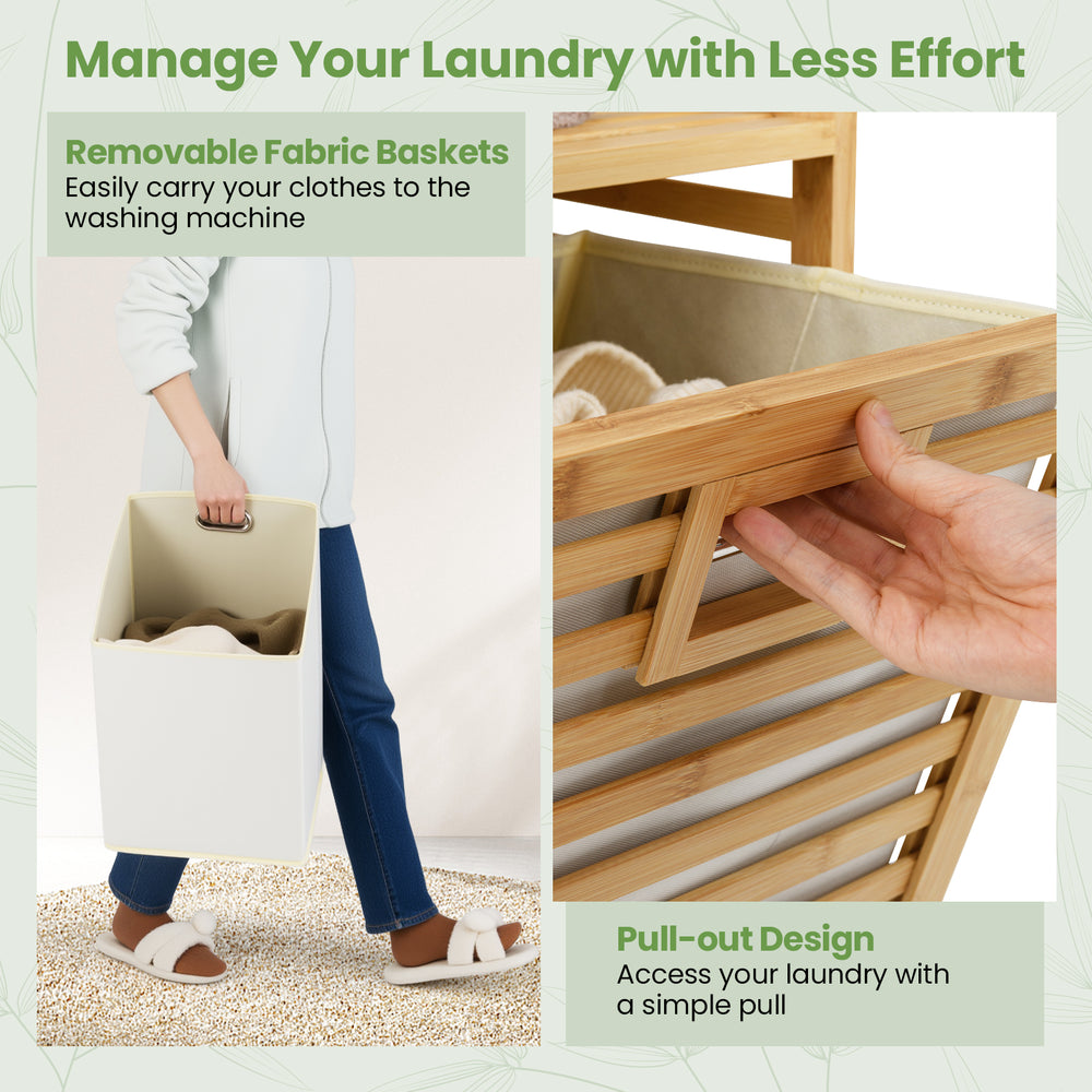 Double tilt-out laundry hamper with two removable bins, made from natural bamboo, ideal for laundry room organization.