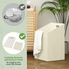 Double tilt-out laundry hamper in natural bamboo with two 10-gal bins, top shelf, and slatted design for airflow.