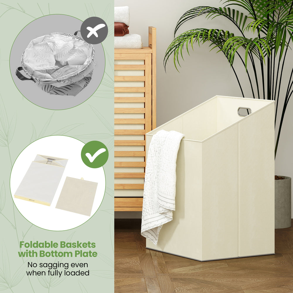 Double tilt-out laundry hamper in natural bamboo with two 10-gal bins, top shelf, and slatted design for airflow.