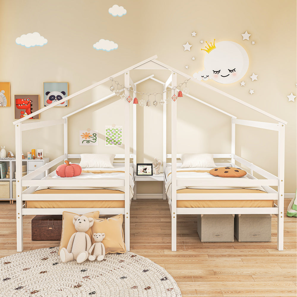 Double twin size wooden bed frames in white with house design, built-in table, and safety guardrails for kids' rooms.