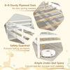 Double twin size wooden bed frame in white with safety guardrails and 14" under-bed space for storage and cleaning.
