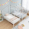 Double twin size wooden bed frames in white with roof design, built-in table, and safety guardrails for kids' rooms.