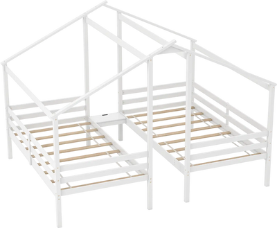 Costway Double Twin Wooden Kids Bed Frames w/ Built-In Table 15936724 New