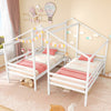 Double twin size wooden bed frames in white featuring a roof design, ideal for creative room decor and kids' sleepovers.