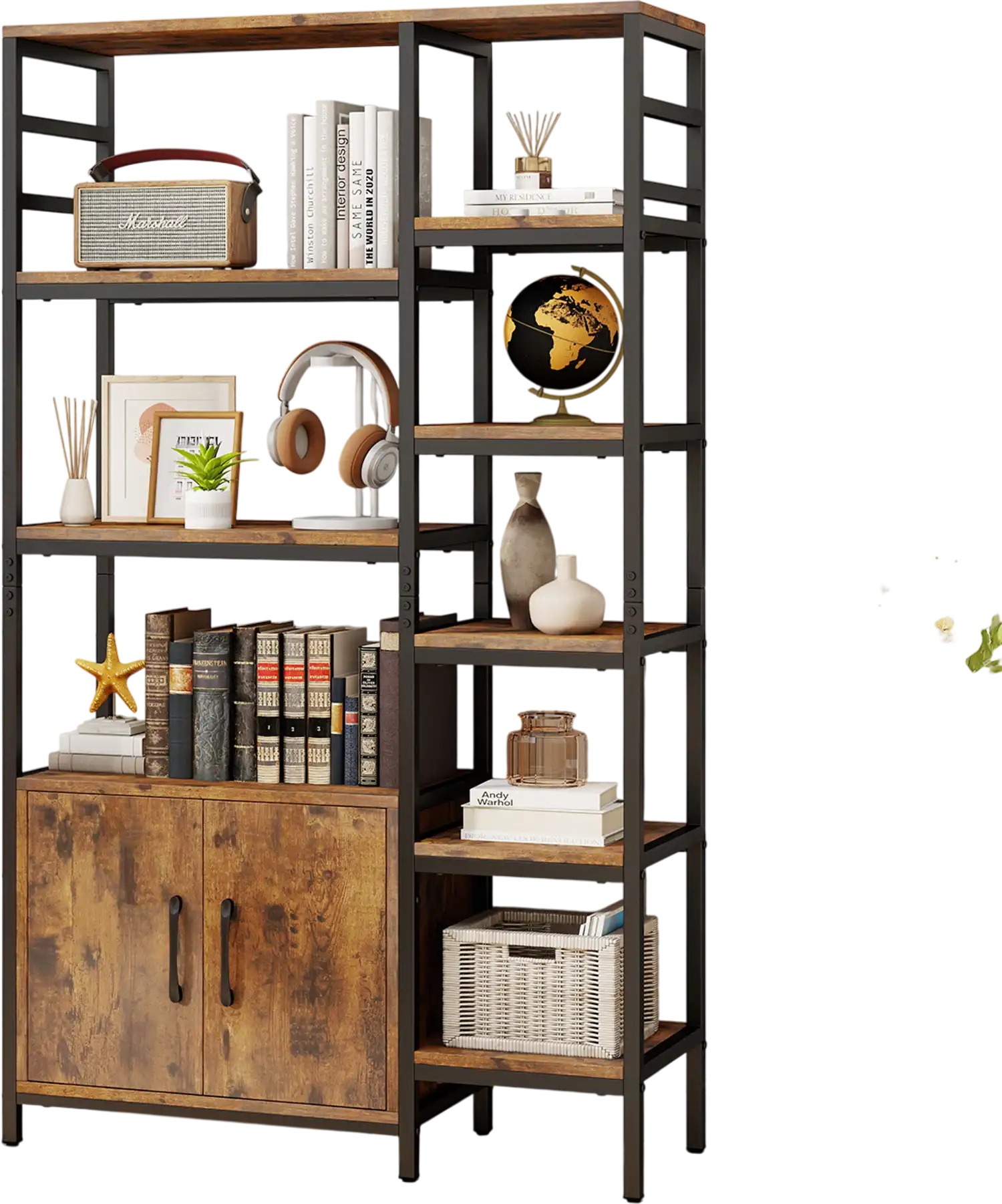 Costway Double Wide 8-Tier Bookshelf 2-Door Cabinet Rustic Brown 328916547 New