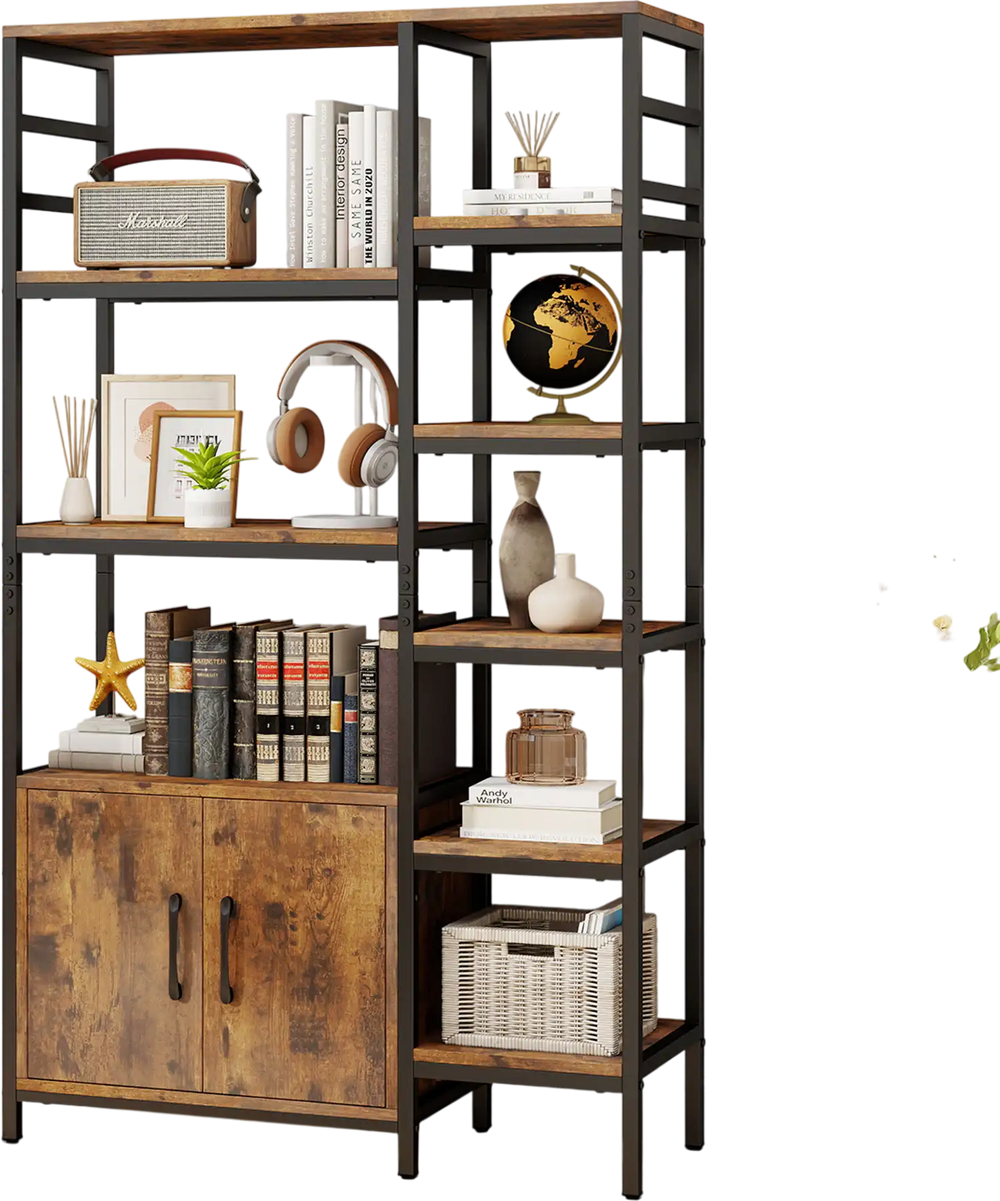 Double wide 8-tier bookshelf in rustic brown with a 2-door cabinet, perfect for stylish storage in living rooms or.