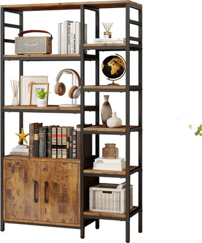 Costway Double Wide 8-Tier Bookshelf 2-Door Cabinet Rustic Brown 328916547 New
