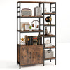Double wide 8-tier bookshelf in rustic brown with staggered shelves and 2-door cabinet for stylish organization.