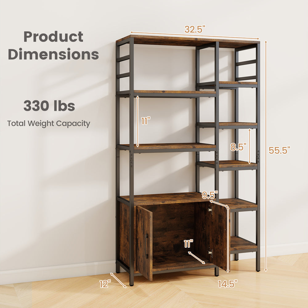 Double Wide 8-Tier Bookshelf with 2-Door Cabinet, rustic brown finish, showcasing dimensions and sturdy design for home.