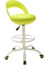 Bright green drafting stool with a curved backrest, adjustable height, and smooth-rolling wheels for ergonomic office.