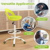 Drafting stool in green with wheels, featuring a breathable mesh seat and adjustable height for creative workspaces.