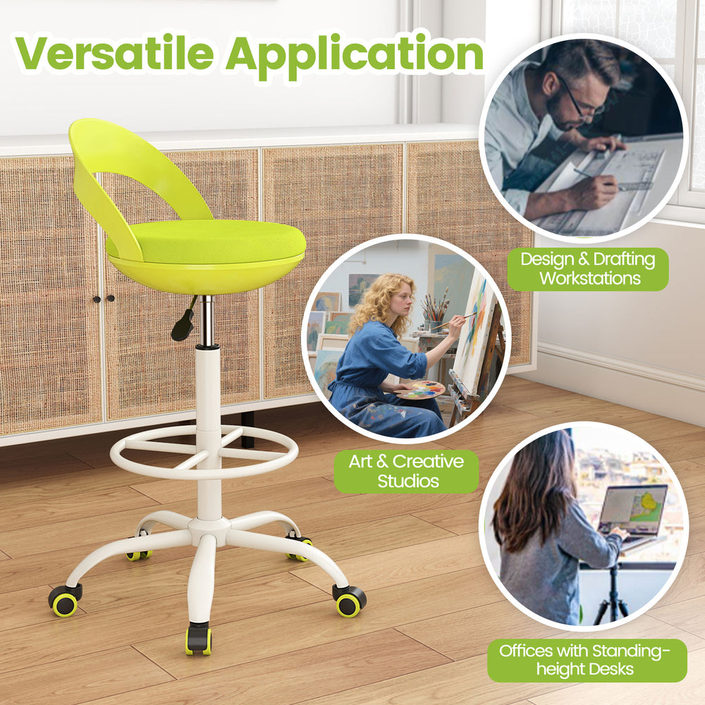 Drafting stool in green with wheels, featuring a breathable mesh seat and adjustable height for creative workspaces.