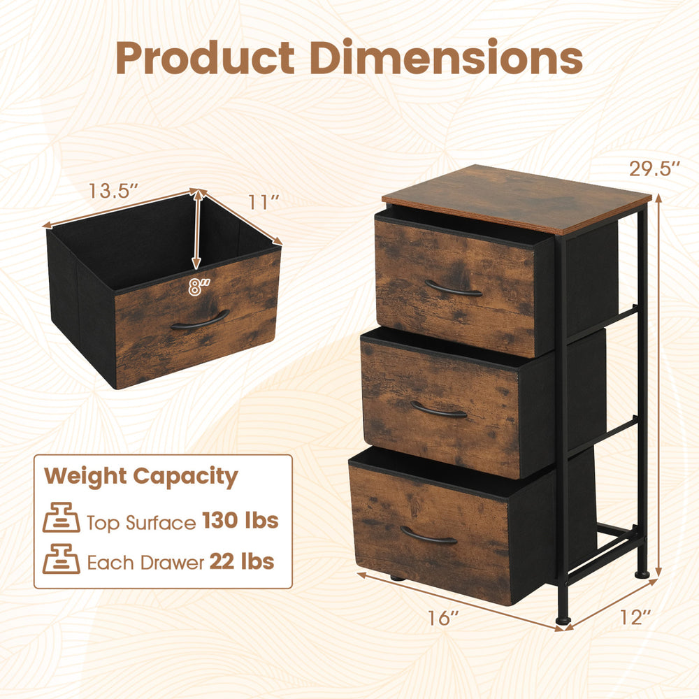 Dresser nightstand features three roomy fabric drawers and a sturdy metal frame for versatile bedroom storage.
