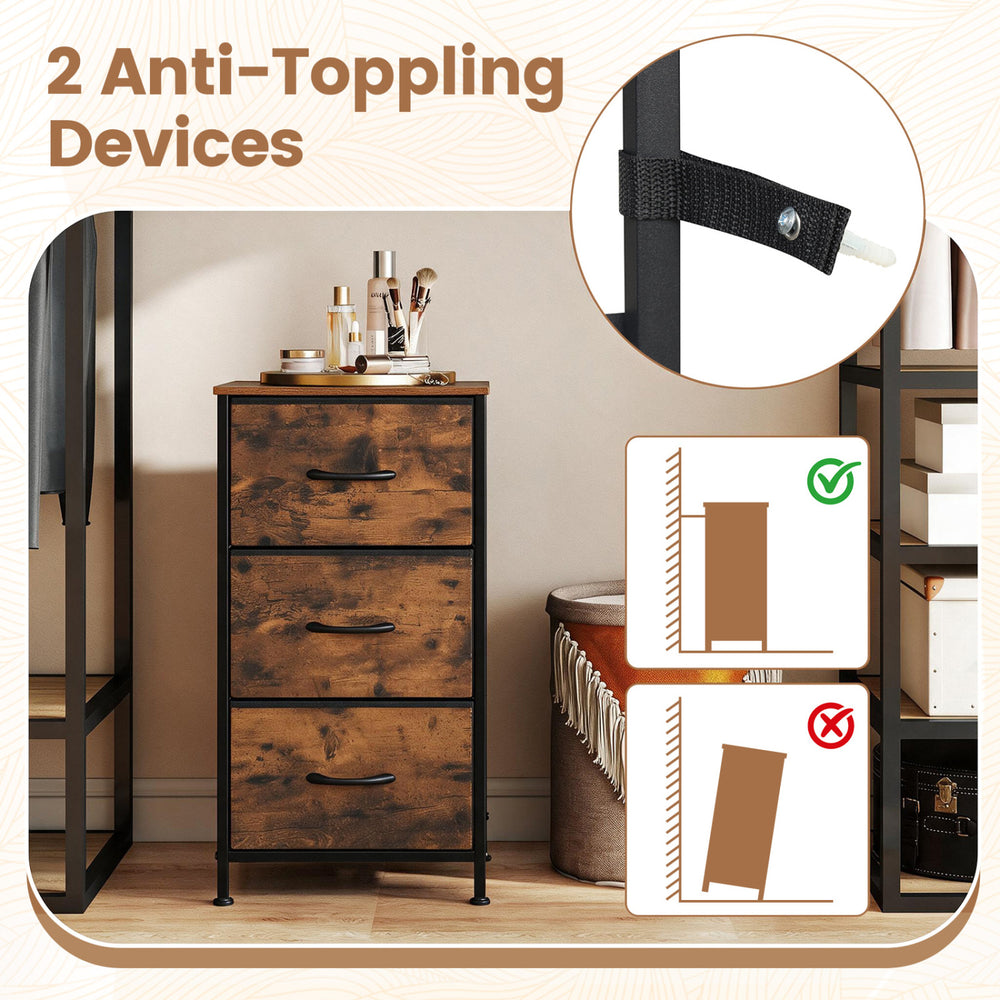 Dresser nightstand features three roomy fabric drawers and a sturdy metal frame for efficient bedroom storage.