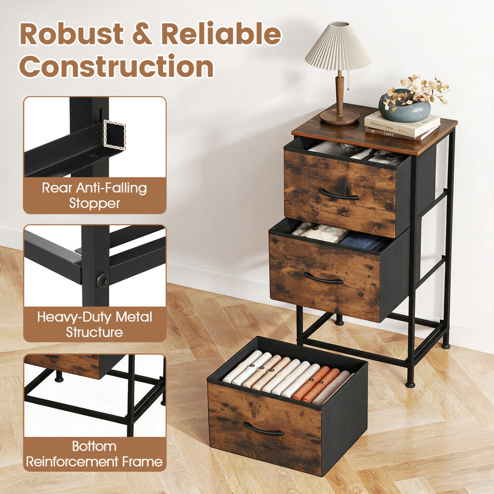 Dresser nightstand with three roomy fabric drawers and a sturdy metal frame, ideal for bedroom storage solutions.