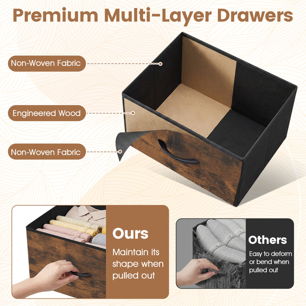 Brown dresser nightstand featuring roomy non-woven fabric drawers and a sturdy metal frame for bedroom storage.