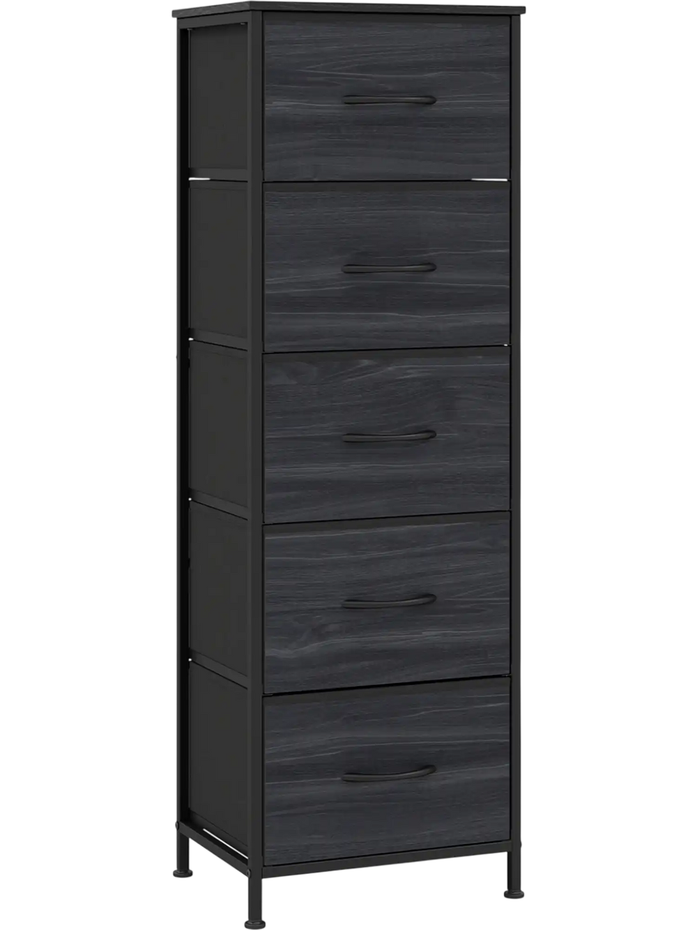 Tall dresser nightstand in charcoal black with 5 fabric drawers, perfect for bedroom storage and organization.