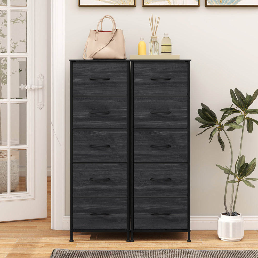Dresser nightstand in charcoal black with 5 roomy fabric drawers, perfect for organized storage in bedrooms or living rooms.