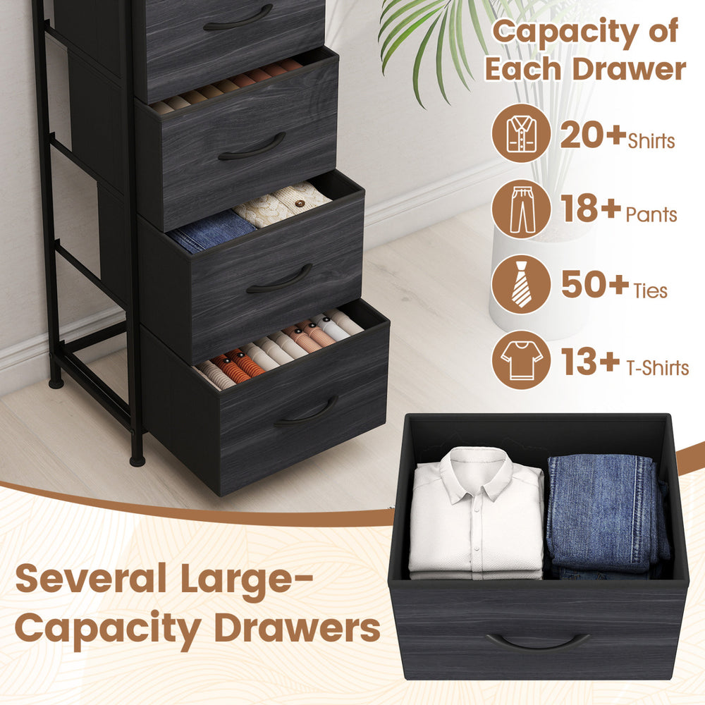 Five roomy fabric drawers in charcoal black provide ample storage for shirts, pants, ties, and T-shirts in any bedroom.