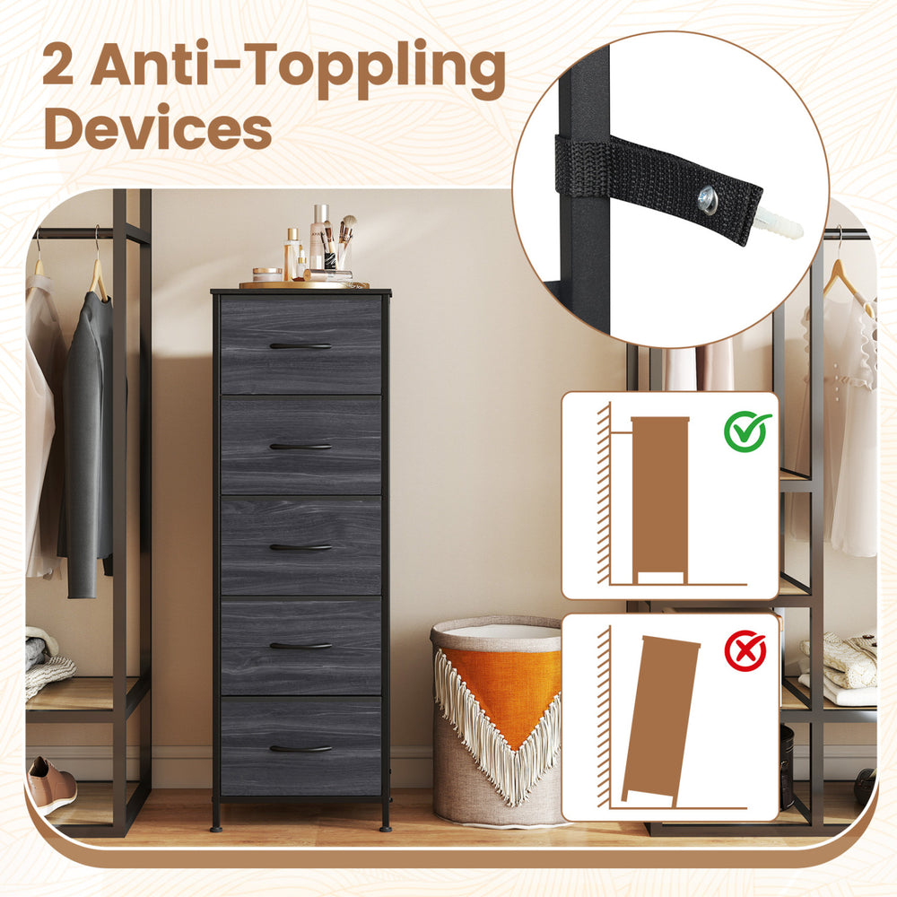 Dresser nightstand in charcoal black features 5 roomy fabric drawers and 2 anti-toppling devices for added safety.