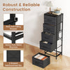Dresser nightstand with five charcoal black fabric drawers, featuring a heavy-duty metal structure and anti-falling stopper for safety.