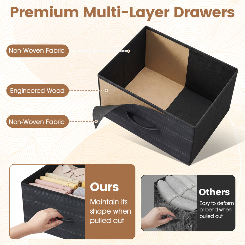 Charcoal black dresser nightstand with 5 roomy non-woven fabric drawers for versatile bedroom storage and organization.