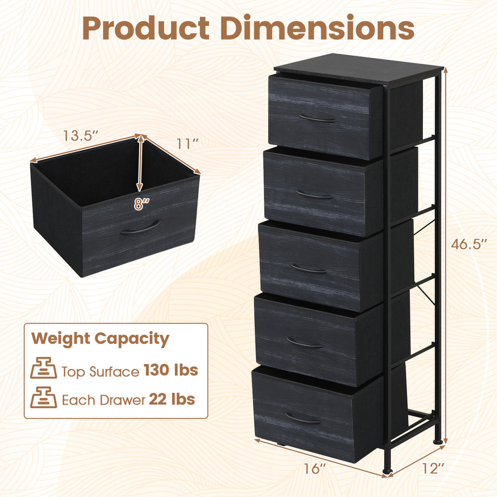 Dresser nightstand in charcoal black with five roomy fabric drawers, perfect for bedroom storage and organization.