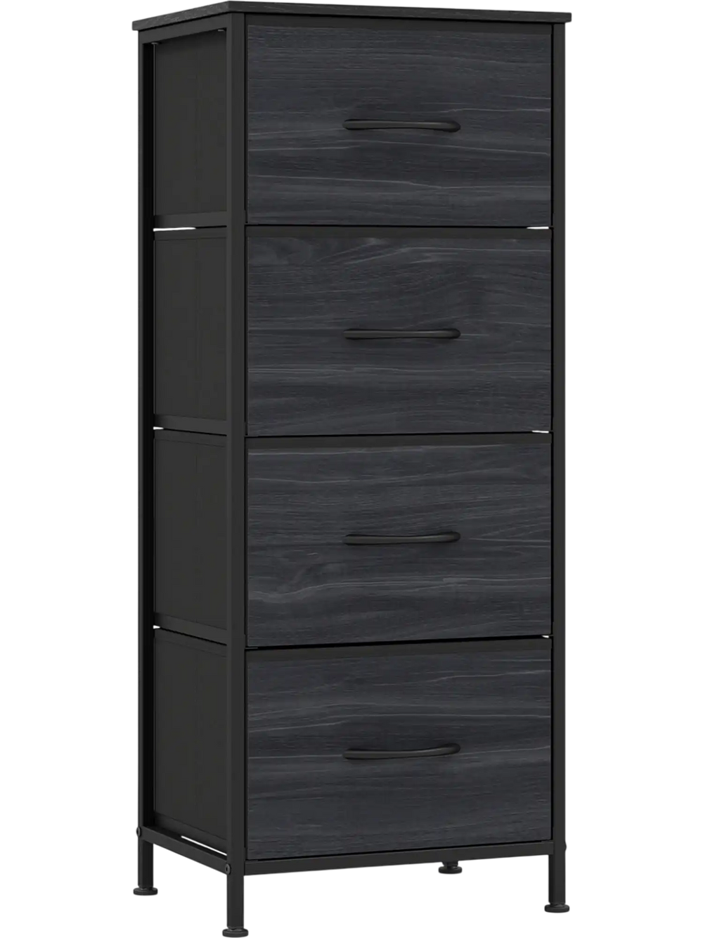 Dresser nightstand in charcoal black featuring four roomy fabric drawers and a sturdy metal frame for versatile storage.