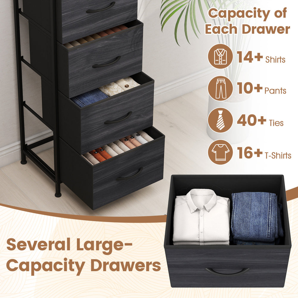 Dresser nightstand with four roomy charcoal black fabric drawers, ideal for organizing shirts, pants, and ties.