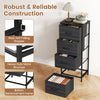 Dresser nightstand in charcoal black features four roomy fabric drawers and a heavy-duty metal frame for versatile storage.