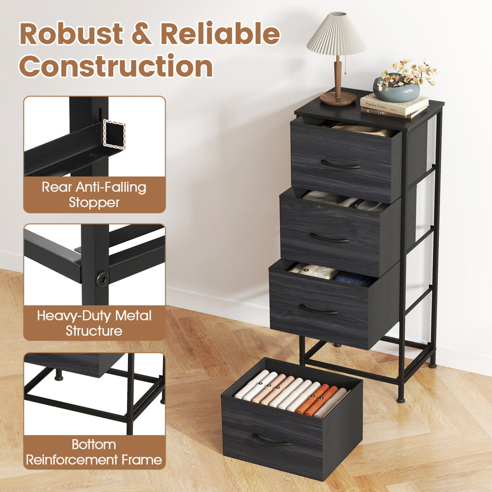 Dresser nightstand in charcoal black features four roomy fabric drawers and a heavy-duty metal frame for versatile storage.