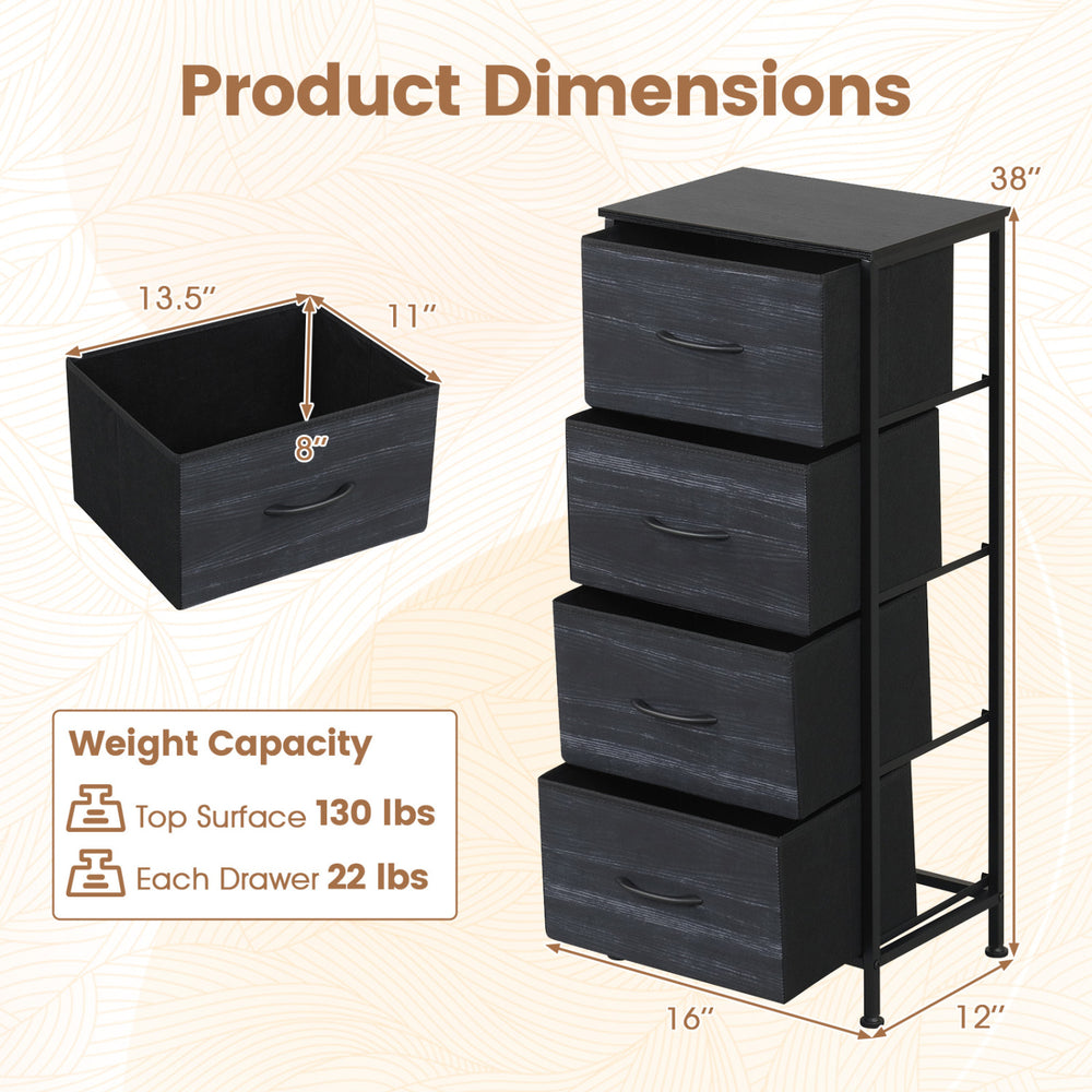 Dresser nightstand in charcoal black features four roomy fabric drawers and a sturdy metal frame for versatile storage.